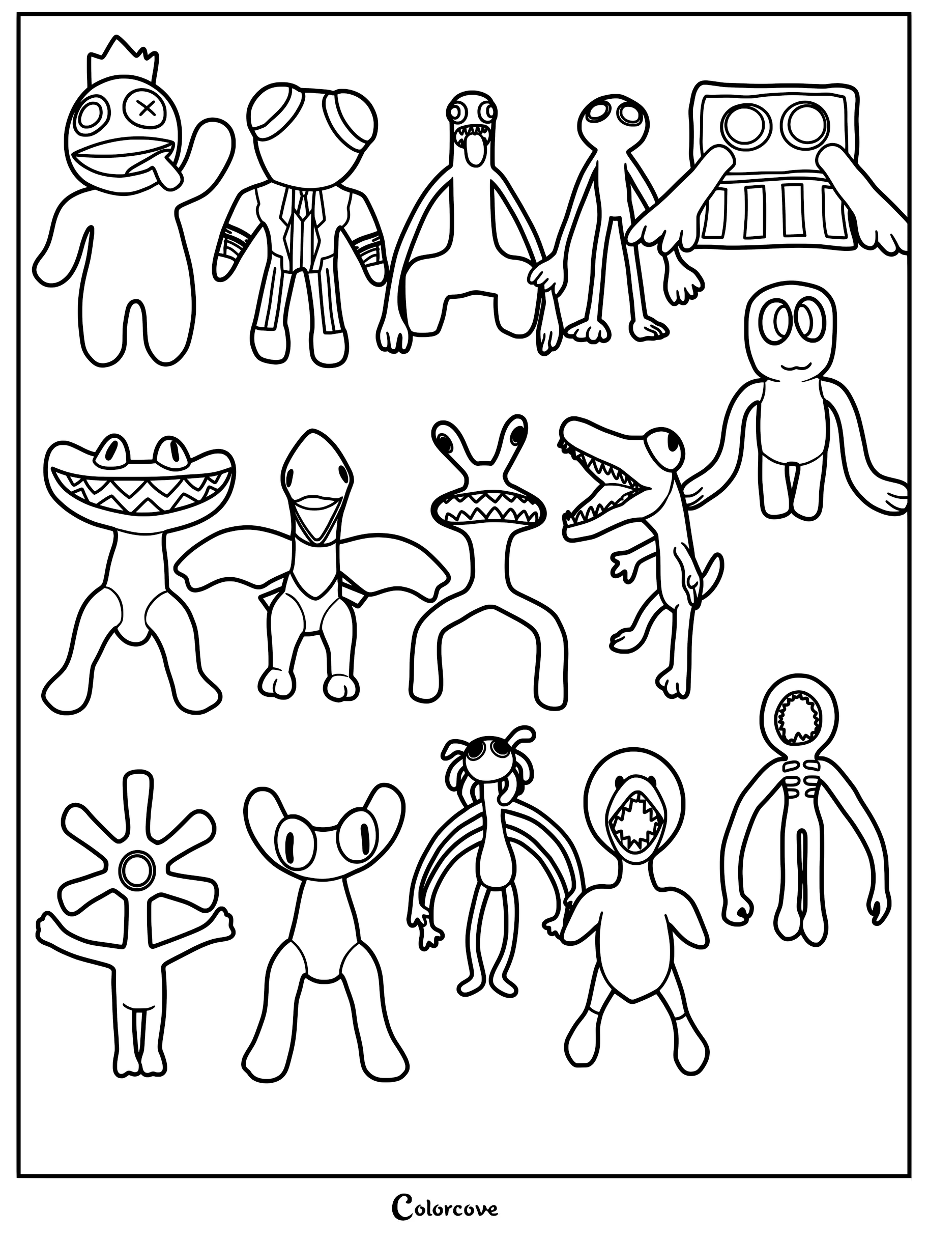Free printable Green Rainbow Friends Coloring Pages featuring various characters to color