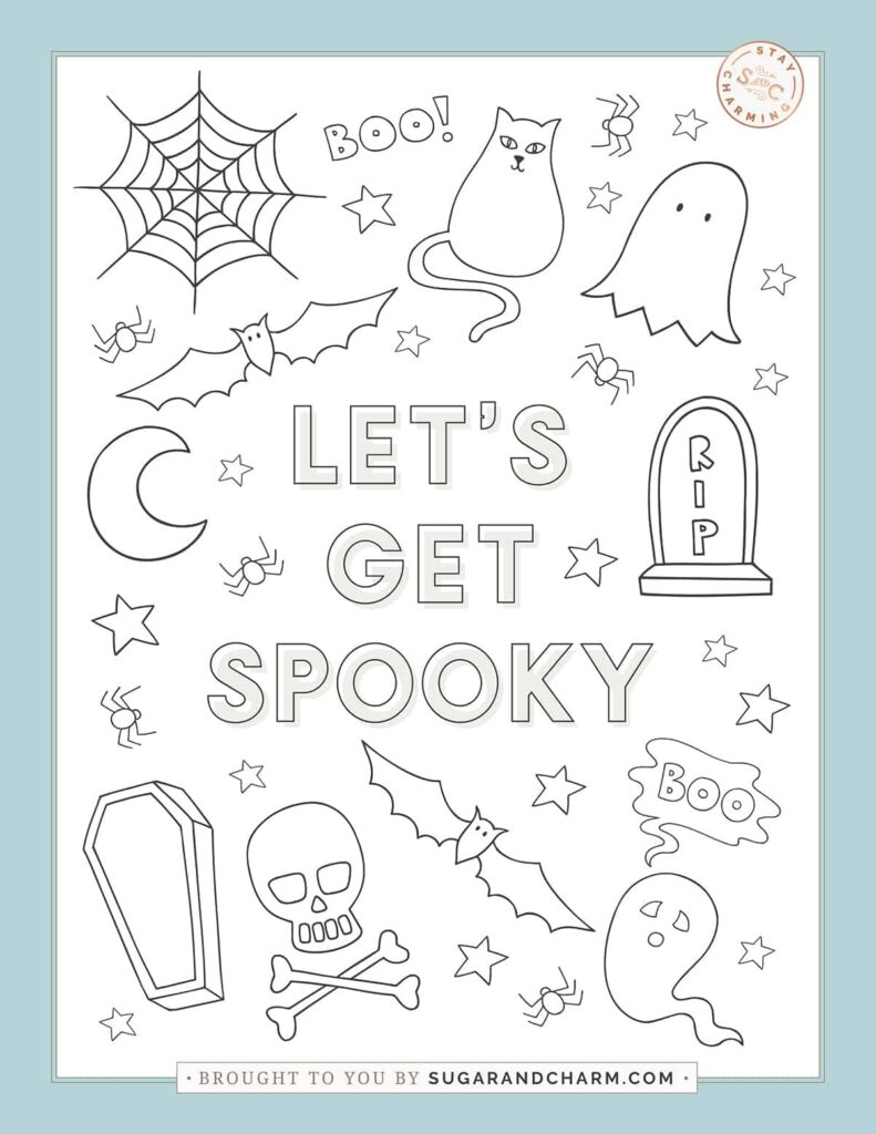 Halloween Coloring Pages with spooky designs A variety of spooky Halloween elements including a ghost, spider, and tombstone