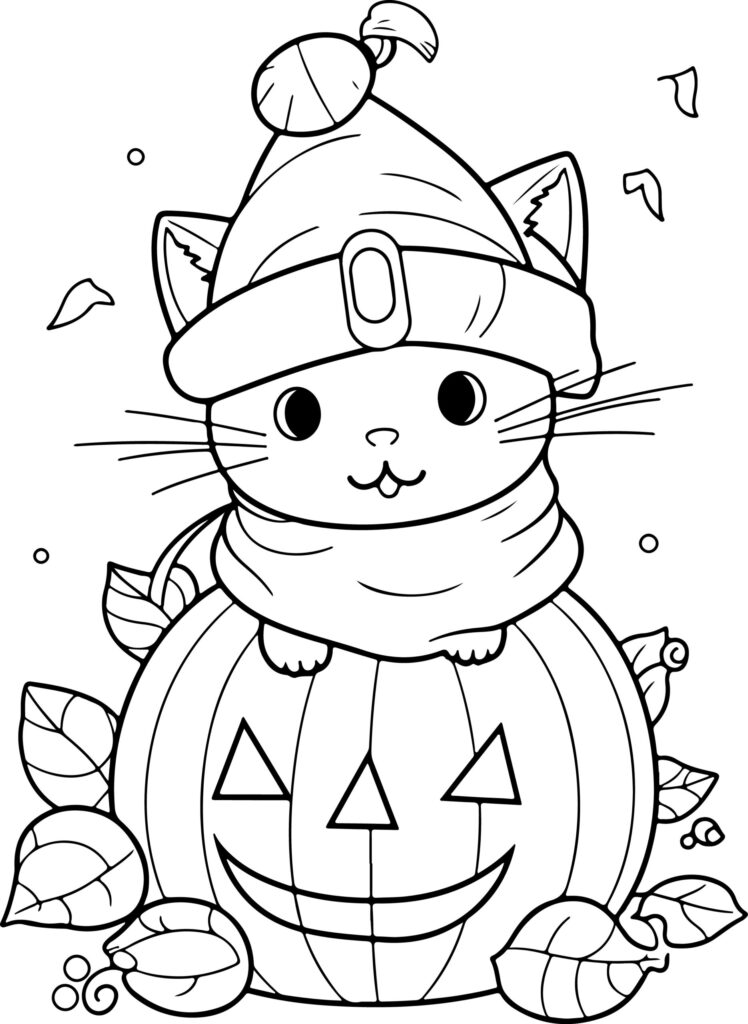 Halloween Pumpkin And Cat Coloring Pages