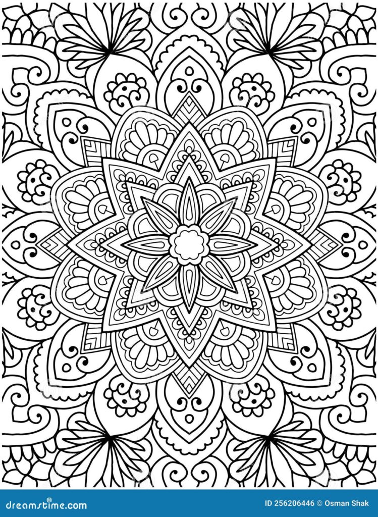 Beautiful hand-drawn mandala coloring page with floral patterns, perfect for adult coloring enthusiasts