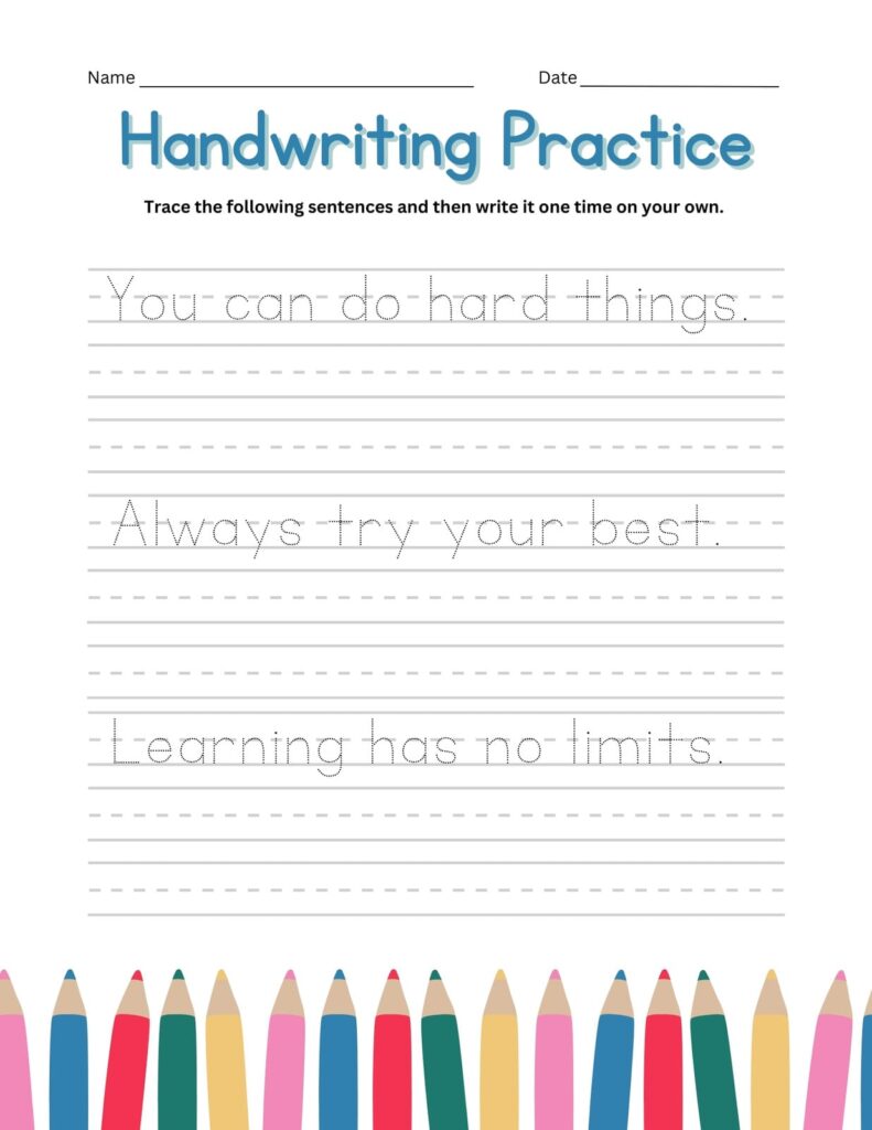 Handwriting Practice Sheets for Kindergarten – Sentence Tracing Printable handwriting practice sheet for kindergarten with sentence tracing