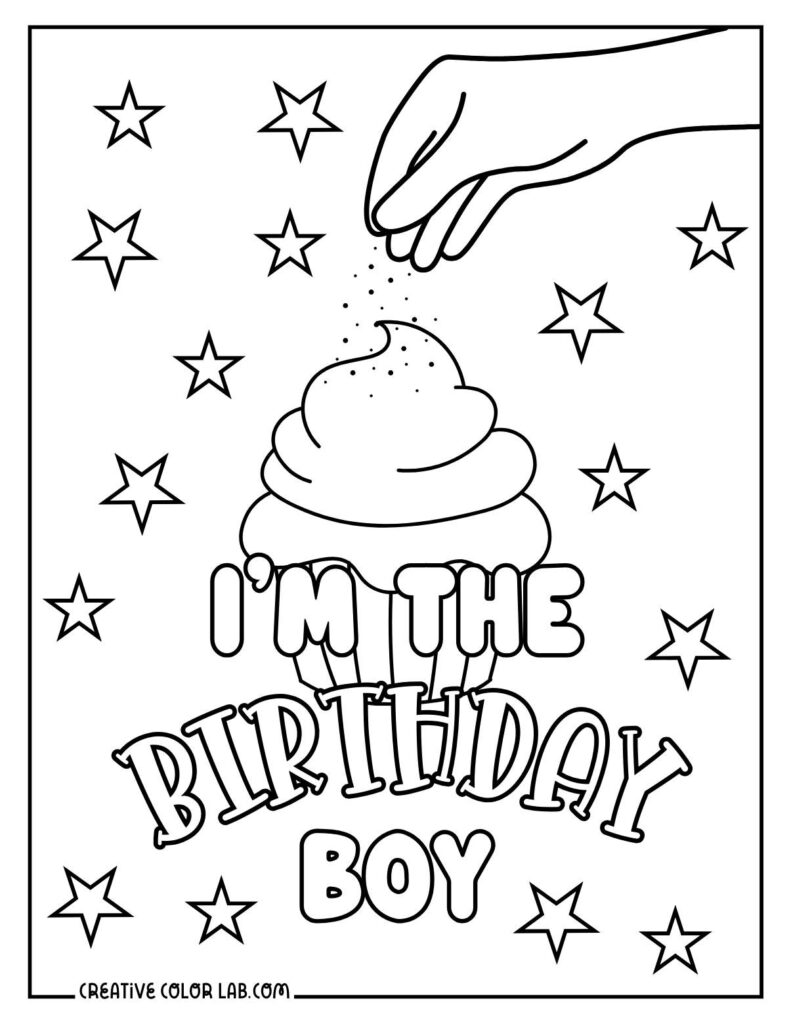 Birthday Boy Cupcake Coloring Page Coloring page showing a cupcake with the text 'I'm the Birthday Boy'