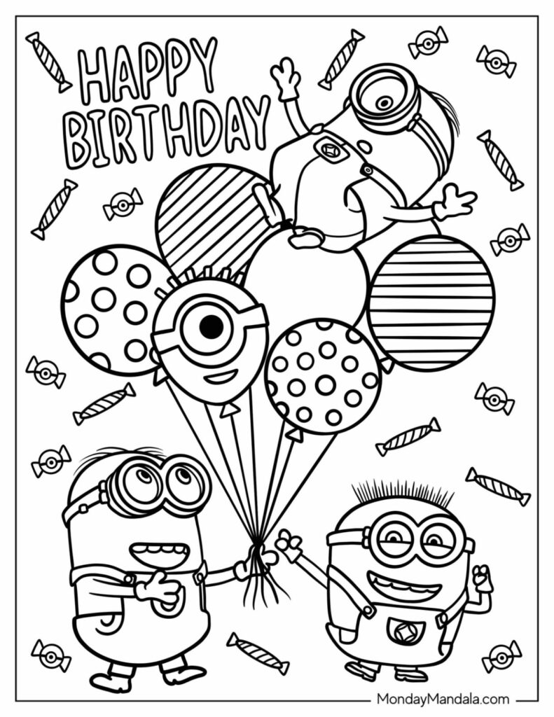 Happy Birthday coloring page featuring Minions holding colorful balloons
