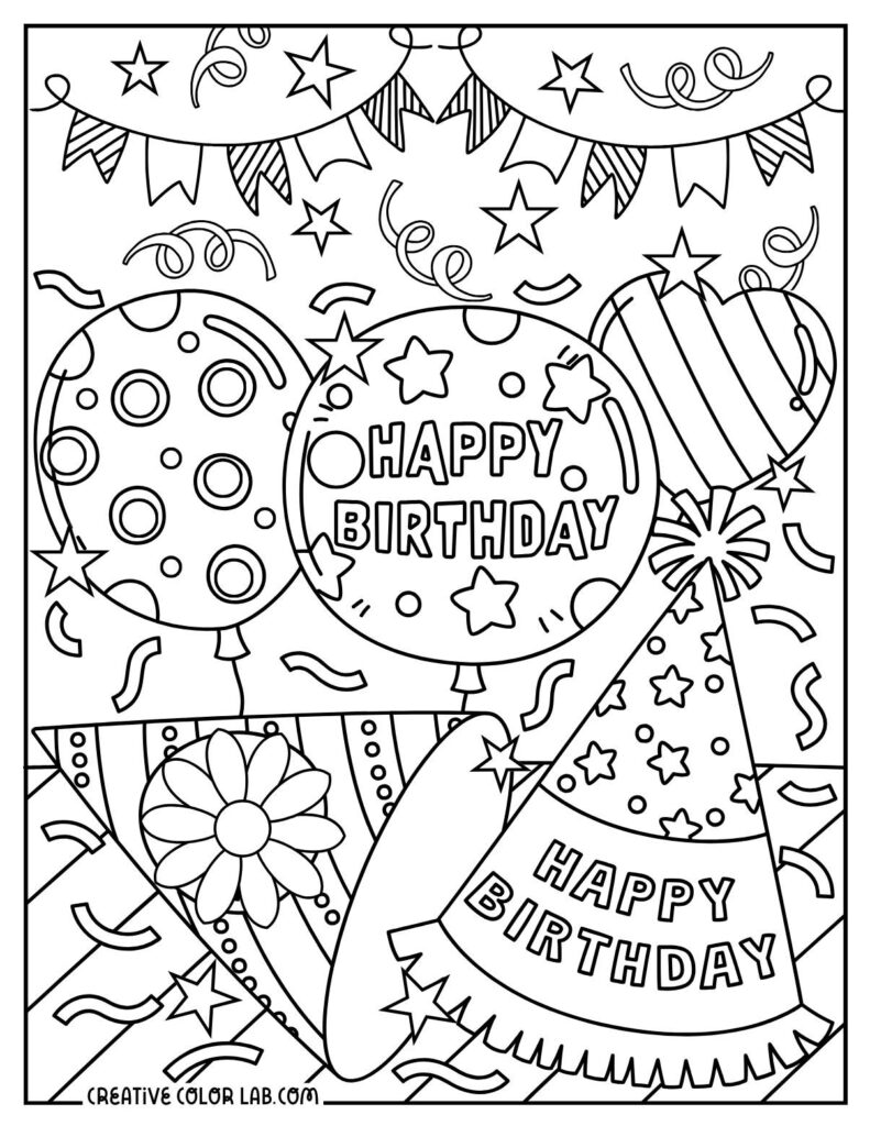 Colorful Birthday Balloons Coloring Page Coloring page with balloons and party hats for a birthday celebration