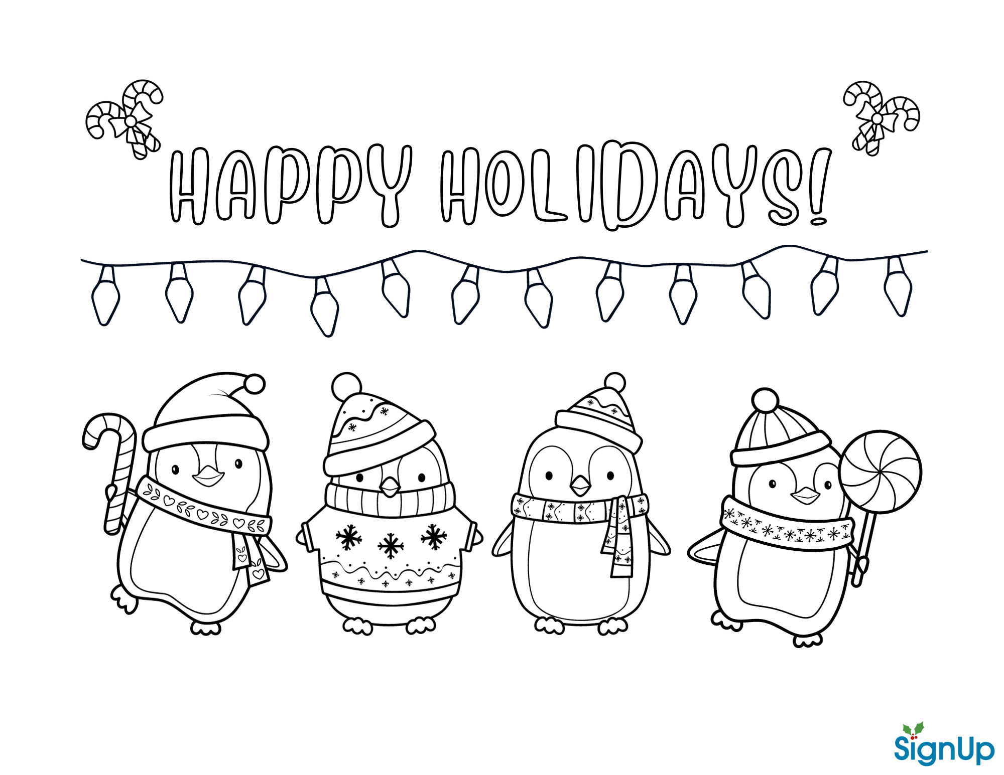 Happy Holidays Pictures To Color - Cute penguins wearing winter hats and scarves in a festive holiday scene for coloring