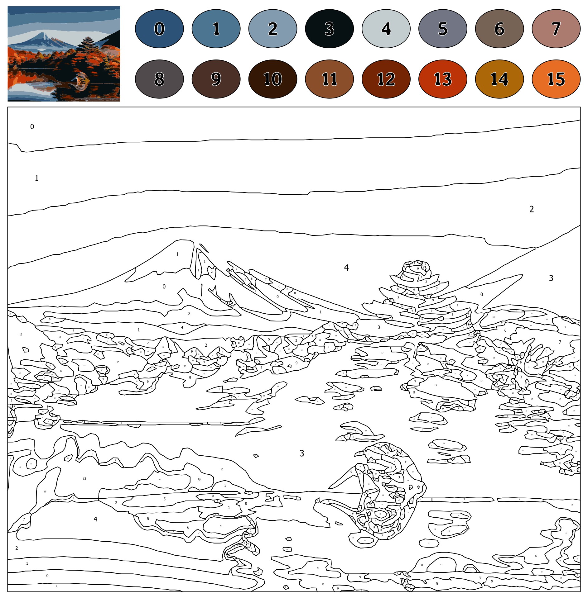 Free Hard Colour By Number Printables featuring a scenic landscape with numbered sections for coloring