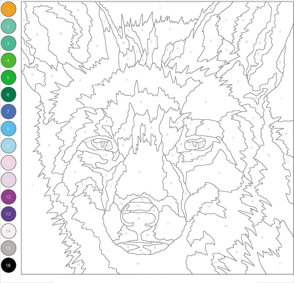 Intricate color by number of a wolf with numbered sections for coloring