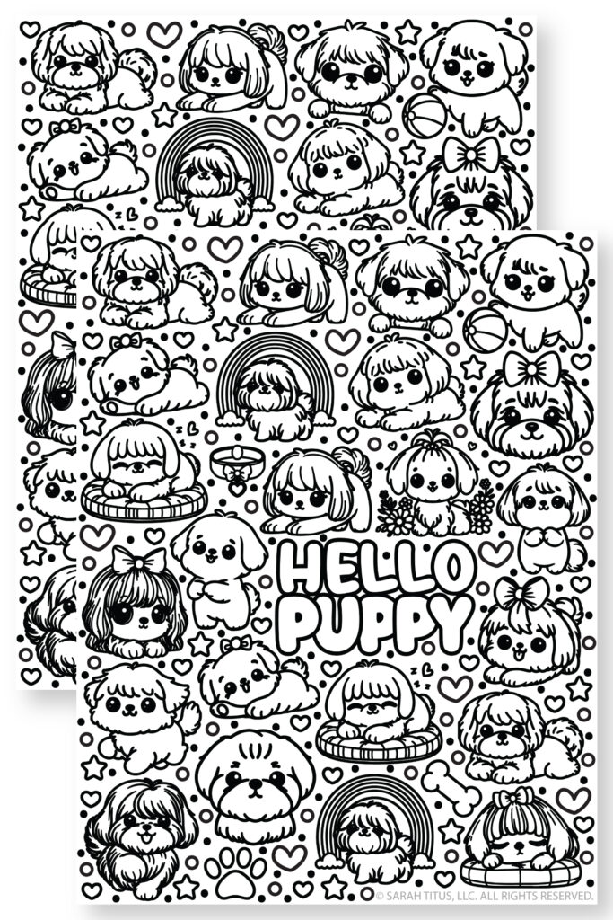 Hello Puppy Coloring Page – Fun Puppy Designs Hello puppy coloring page filled with various cute puppy designs