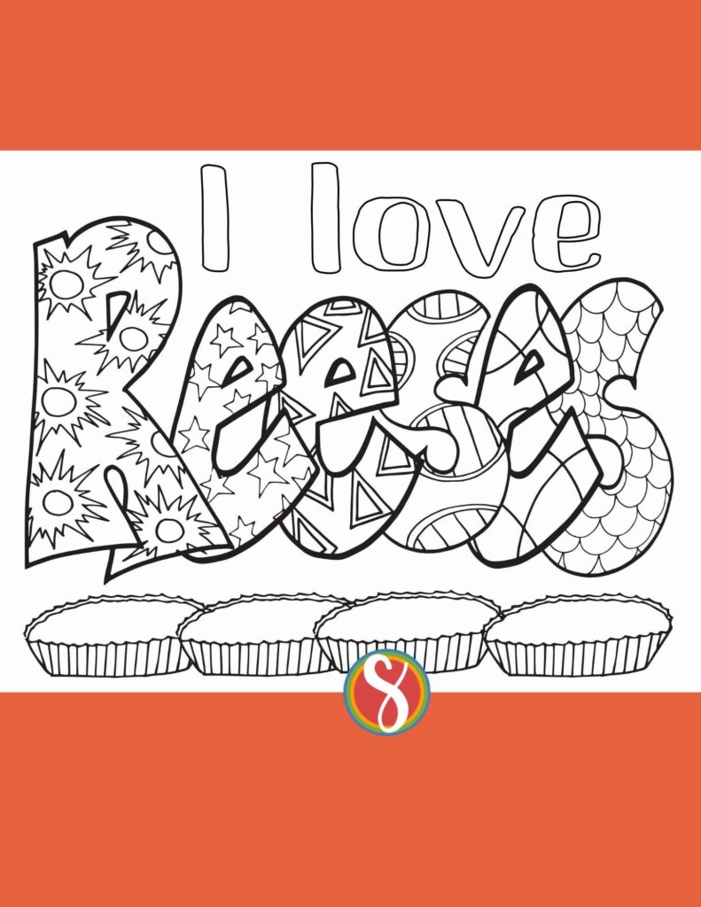 Colorful 'I Love Reeses' design with candy illustrations