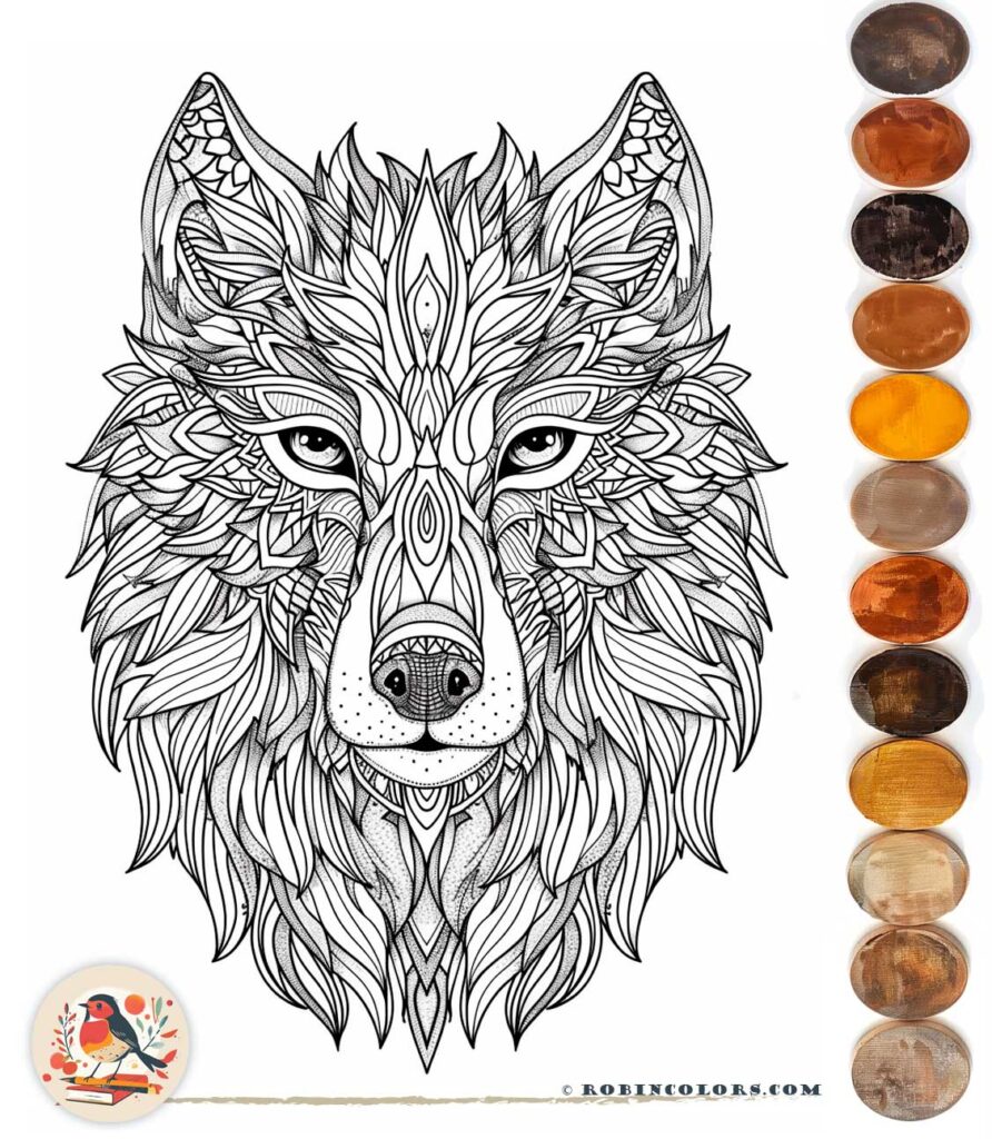 Artistic wolf coloring page with intricate patterns for adults to color