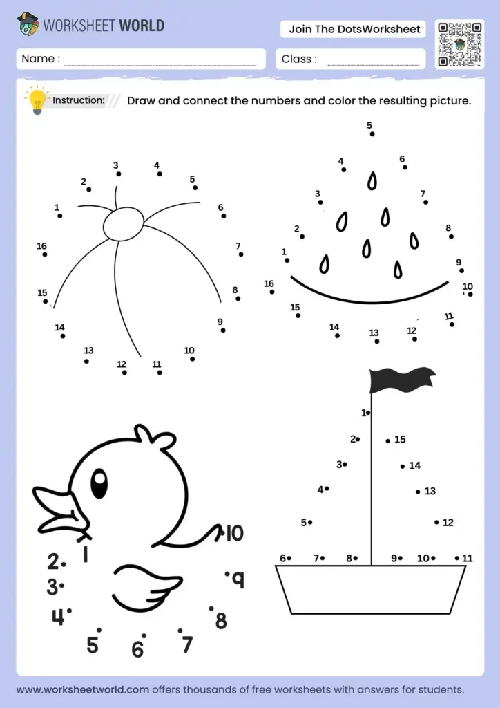 Join the dots worksheet with a duck, sun, and other fun s to connect