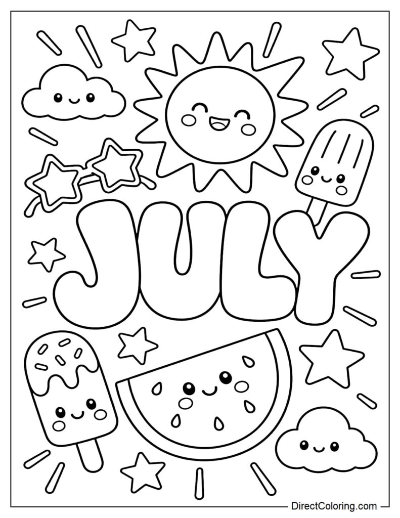 July Coloring Pages – Fun Summer Designs Colorful July-themed coloring page with sun, popsicles, and watermelon