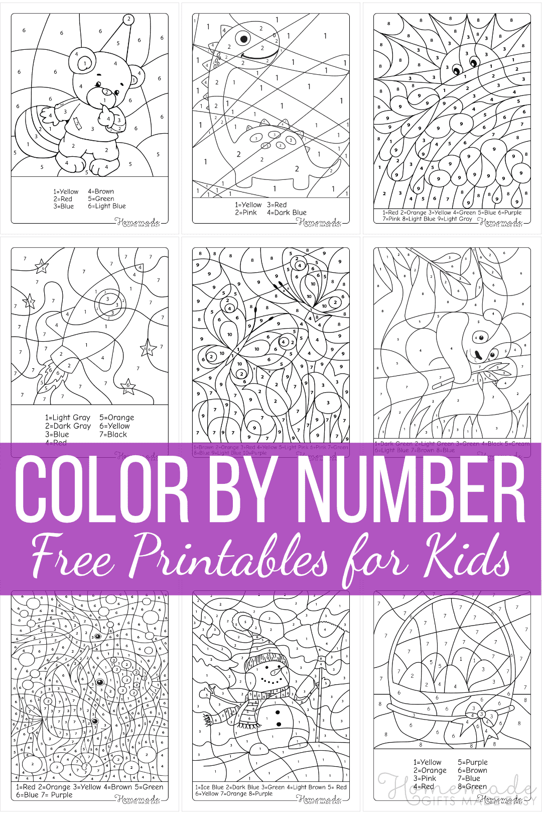 Free Kids Color By Number Printable featuring various fun designs for children to color