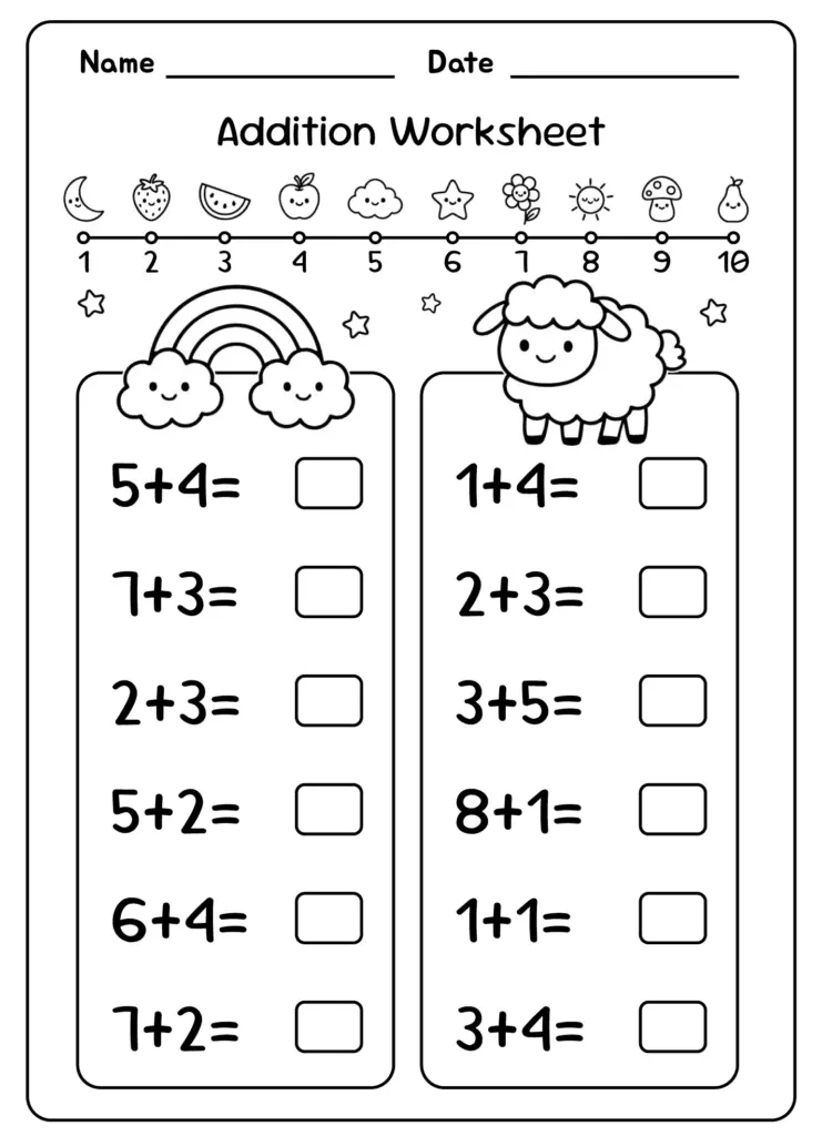 Colorful kindergarten addition worksheet with fun illustrations and blank answer boxes