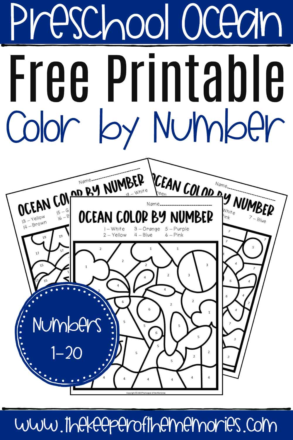 Free printable Kindergarten Color By Number Free ocean-themed worksheets for preschoolers