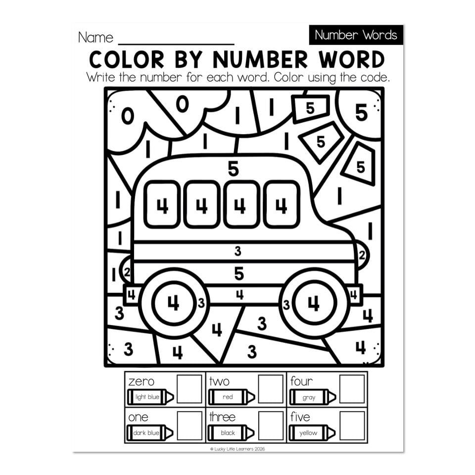 Kindergarten Color By Number Printable – September Worksheet Engaging Kindergarten Color By Number Printable featuring a car with number words for coloring