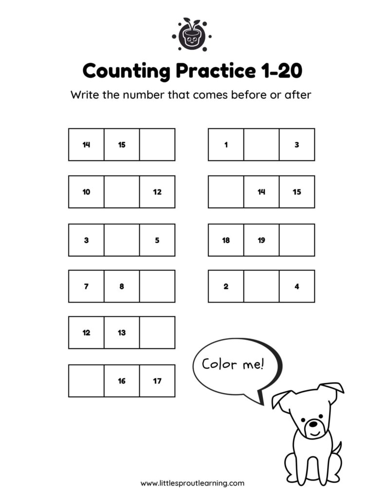 Free printable Kindergarten Counting Worksheets 1-20 with fill-in-the-blank counting exercises
