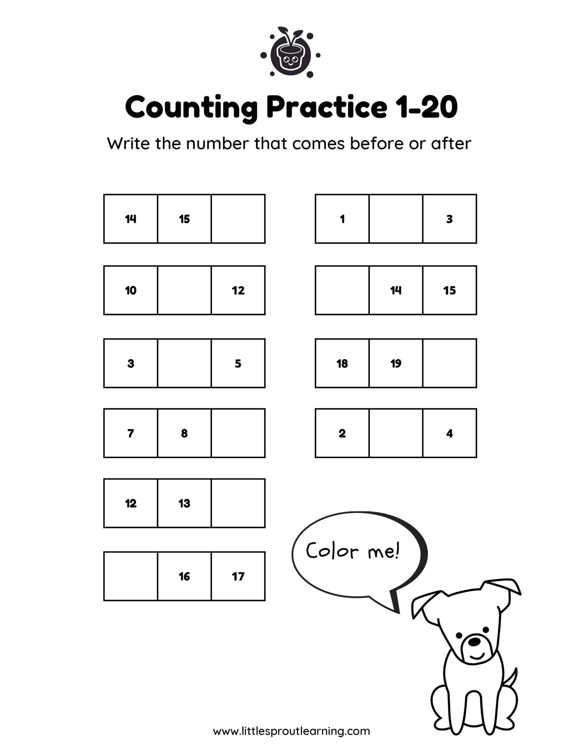 Free printable Kindergarten Counting Worksheets 1-20 with fill-in-the-blank counting exercises