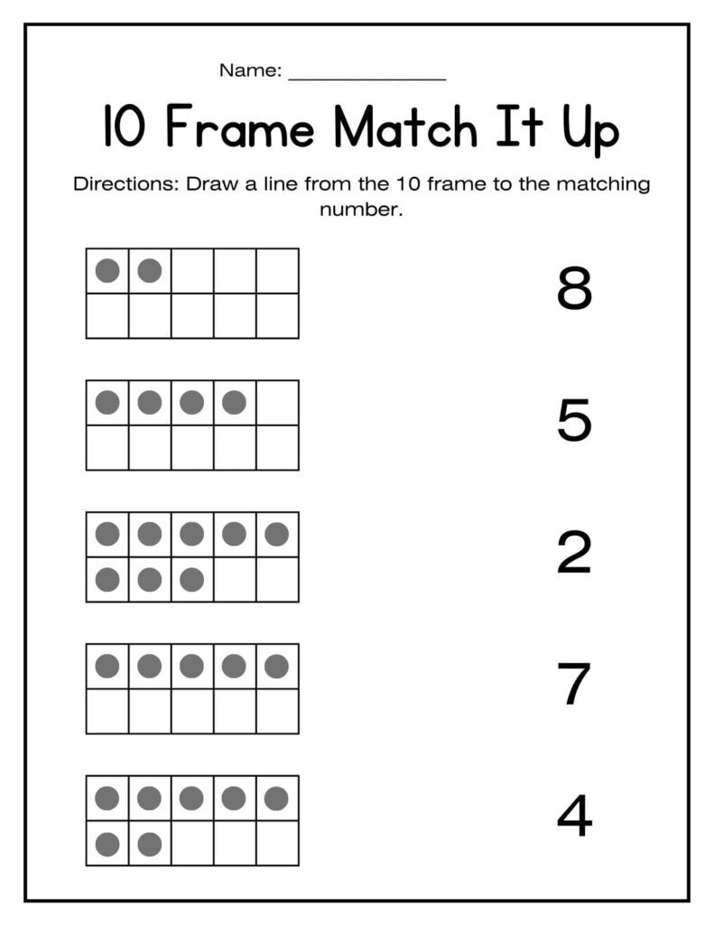 Kindergarten Math Worksheet – 10 Frame Match It Up Kindergarten math worksheet with a 10 frame activity for matching numbers