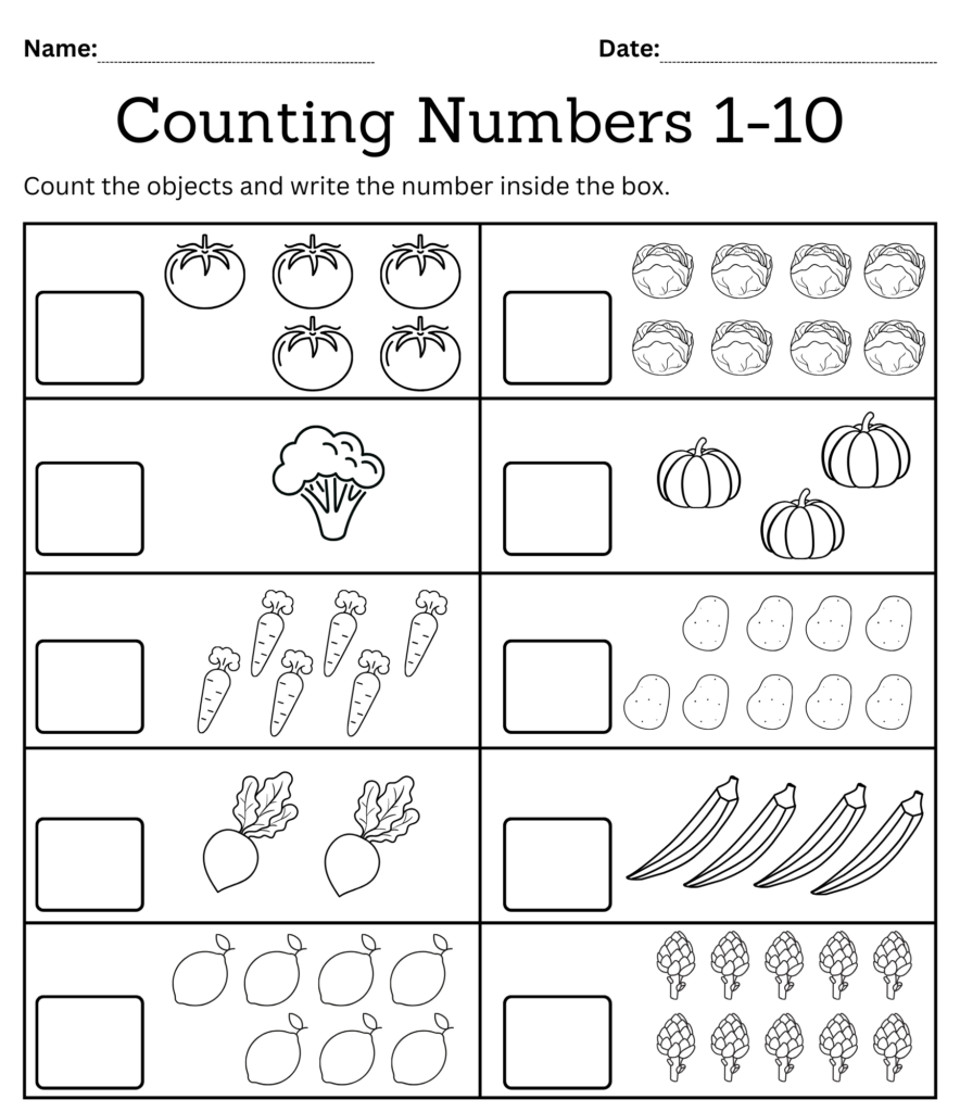 kindergarten math counting objects worksheets 1-10 black and white ...