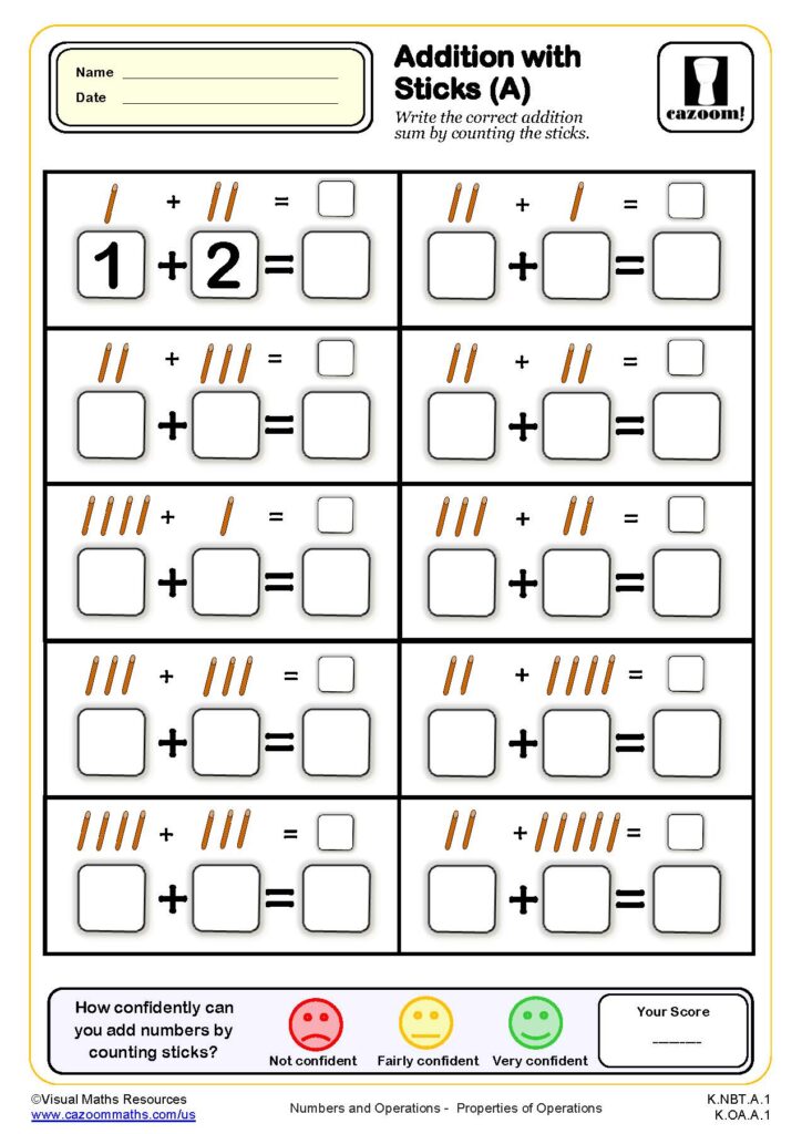 Worksheet for kindergarteners to practice addition using counting sticks