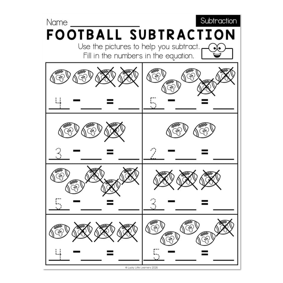 Football-themed basic subtraction worksheet for kindergarten monthly practice