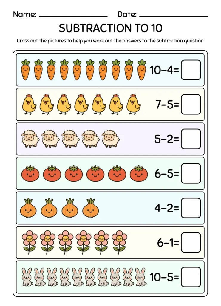 Interactive kindergarten subtraction worksheet featuring colorful s and answer boxes