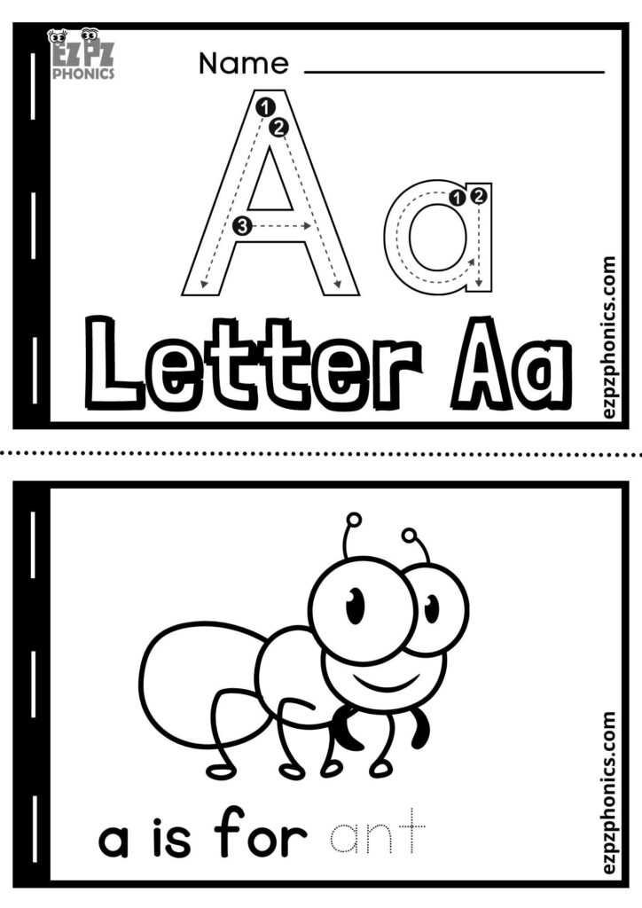 Half-page Free Printable Letter A Alphabet Coloring Book with an ant illustration