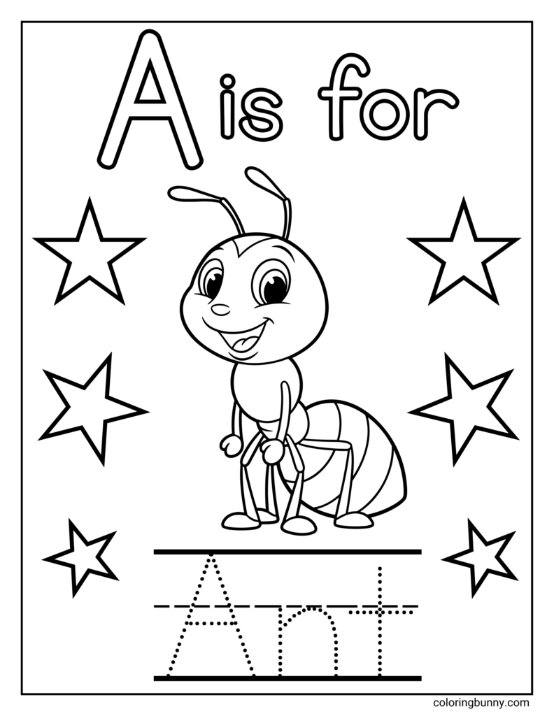 Printable coloring page of the letter A with an ant character