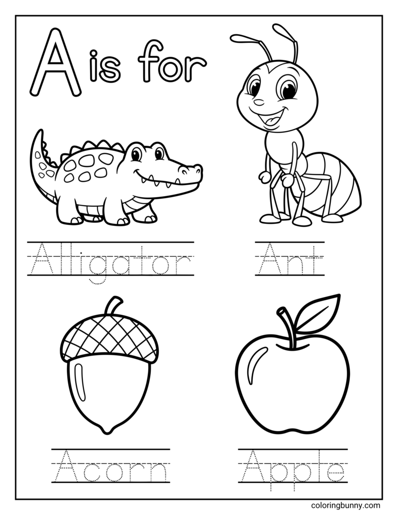 Coloring page showing the letter A with alligator, ant, and apple illustrations