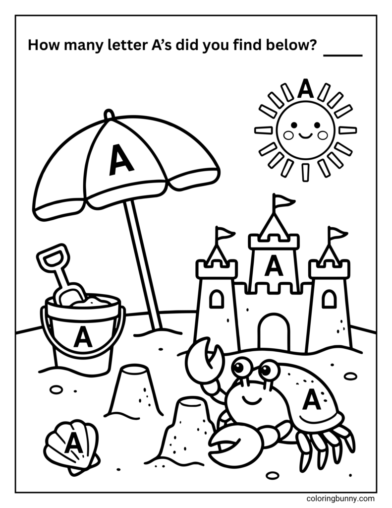 Free Letter A Coloring Pages depicting a beach scene with letter A hidden in various objects