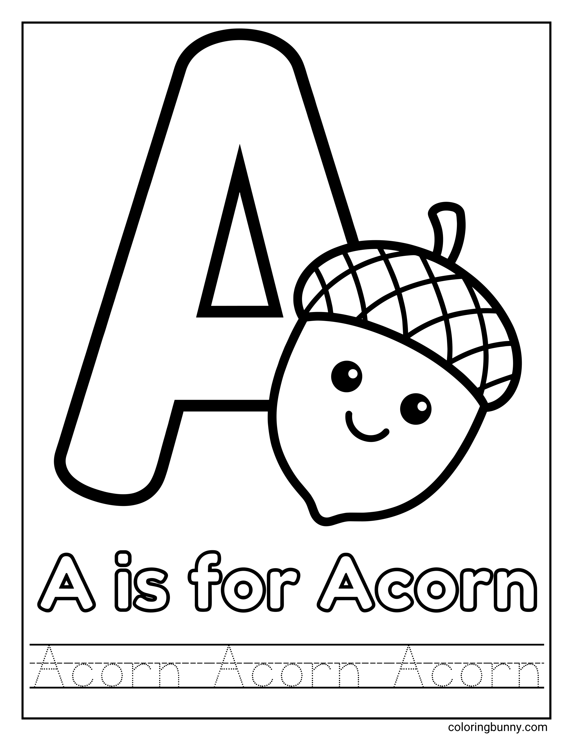 Free printable Letter A Coloring Pages For Preschoolers with an acorn illustration
