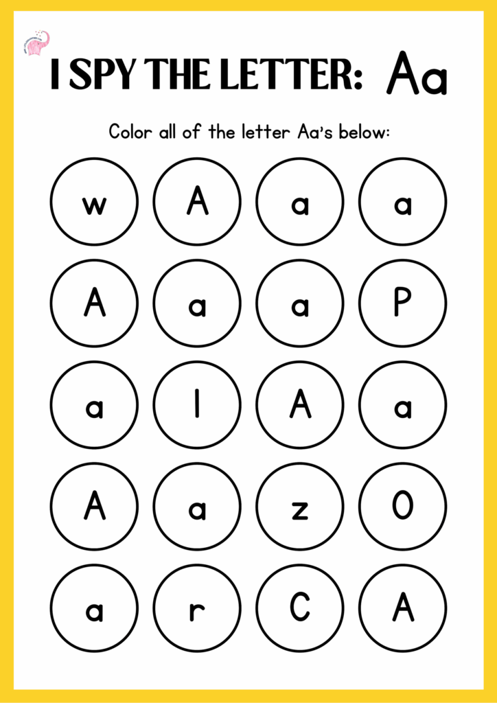 Engaging Letter A Recognition Worksheets For Preschoolers featuring an I Spy activity to color letter A