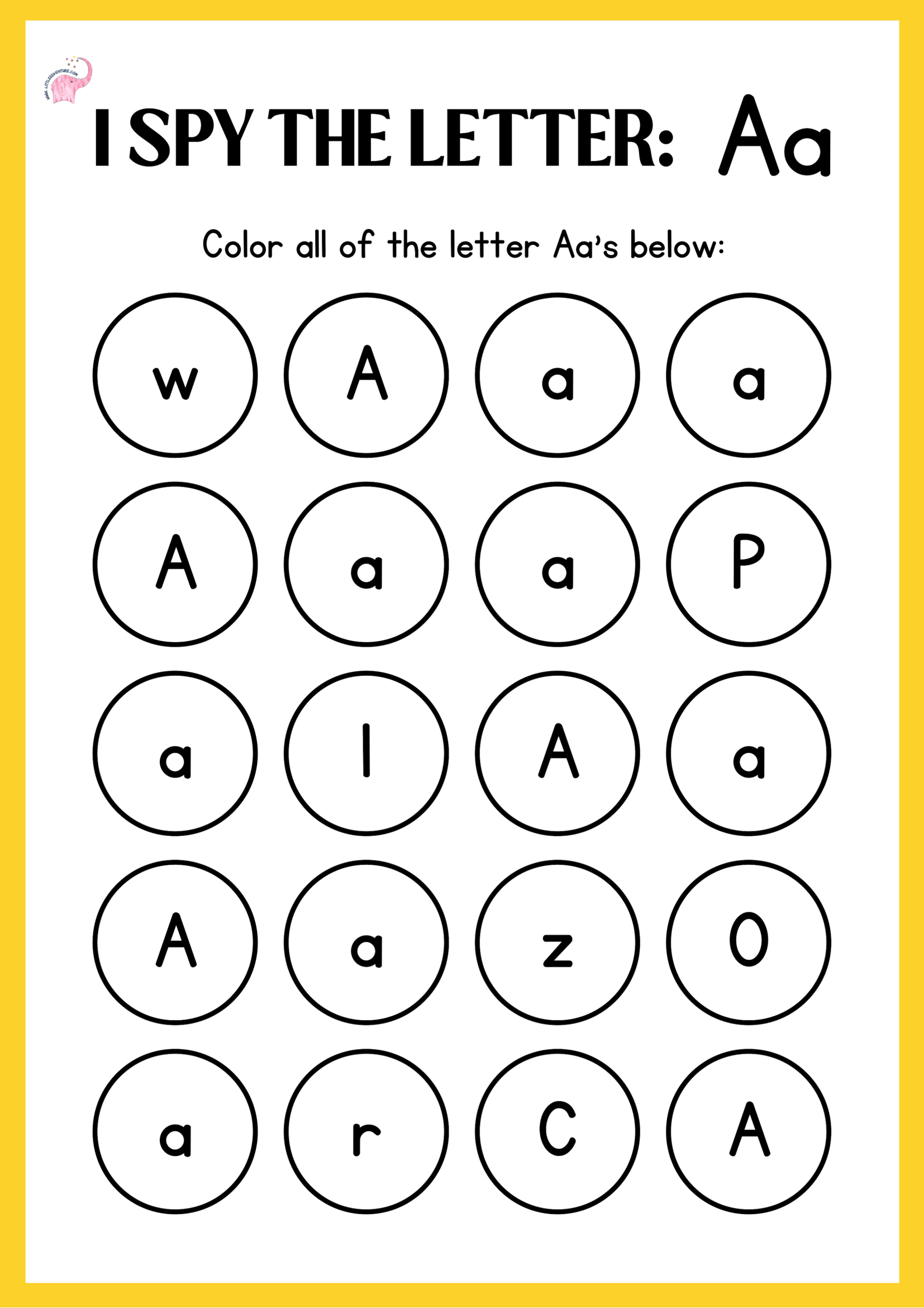 Engaging Letter A Recognition Worksheets For Preschoolers featuring an I Spy activity to color letter A