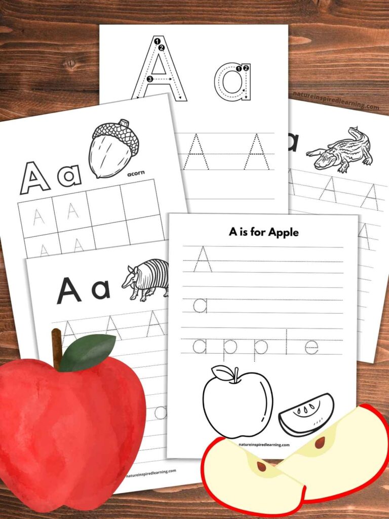 A collection of letter A tracing worksheets with illustrations for preschoolers