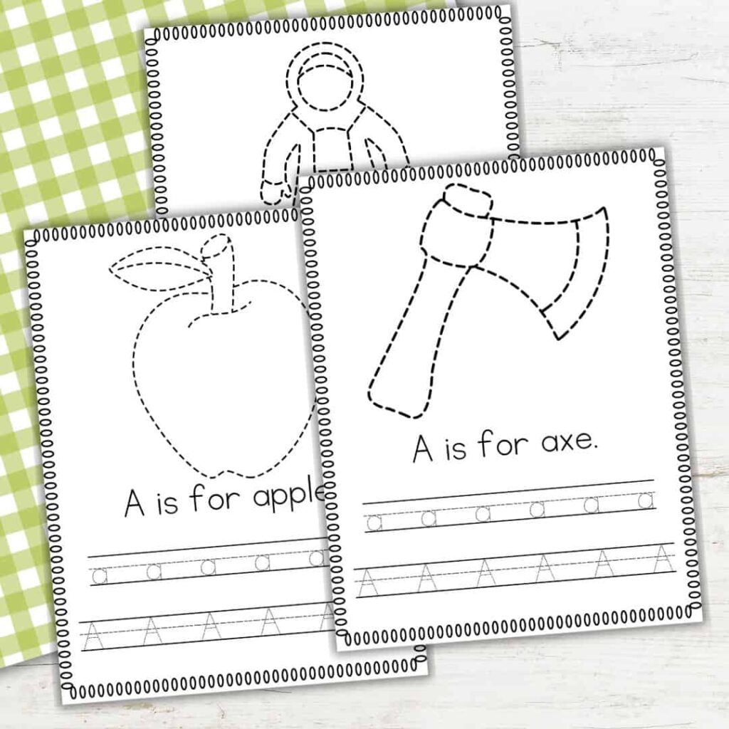 More letter A tracing worksheets featuring objects that start with A