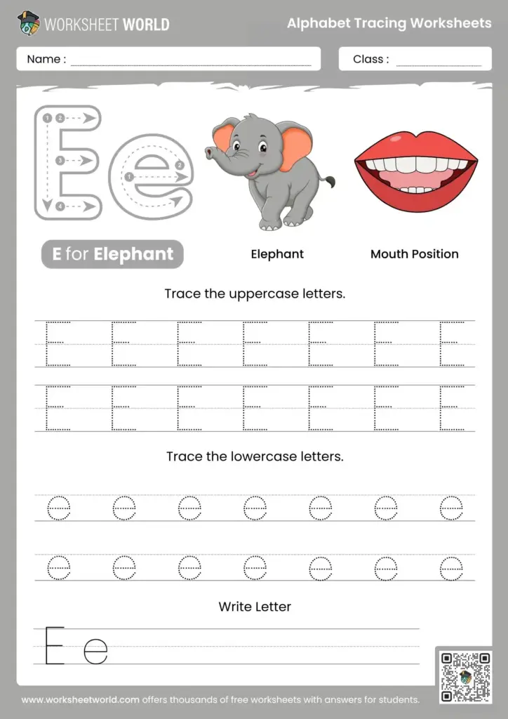 Letter E tracing worksheet featuring an elephant and mouth position