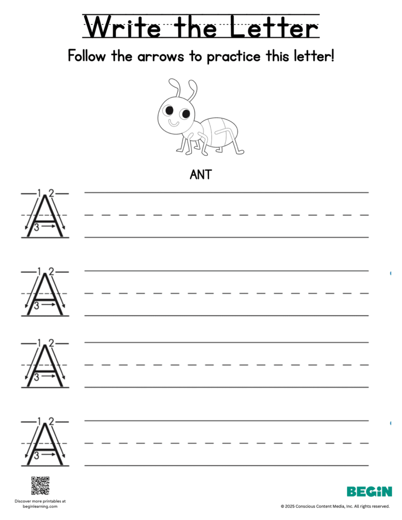 Worksheet for kindergarten students to practice printing the letter A with guided arrows