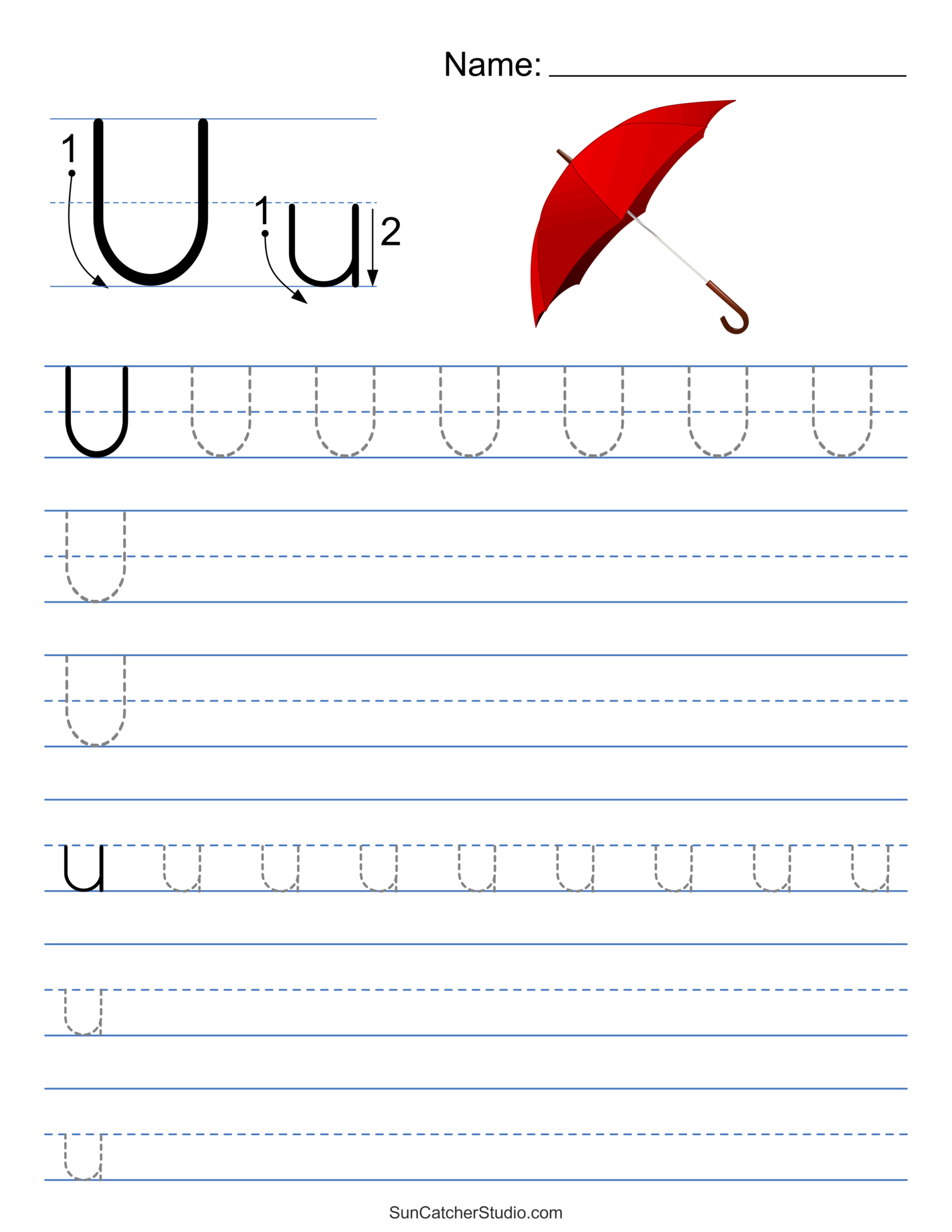 Free printable Letter Tracing Worksheets For Preschoolers featuring the letter U and an umbrella illustration