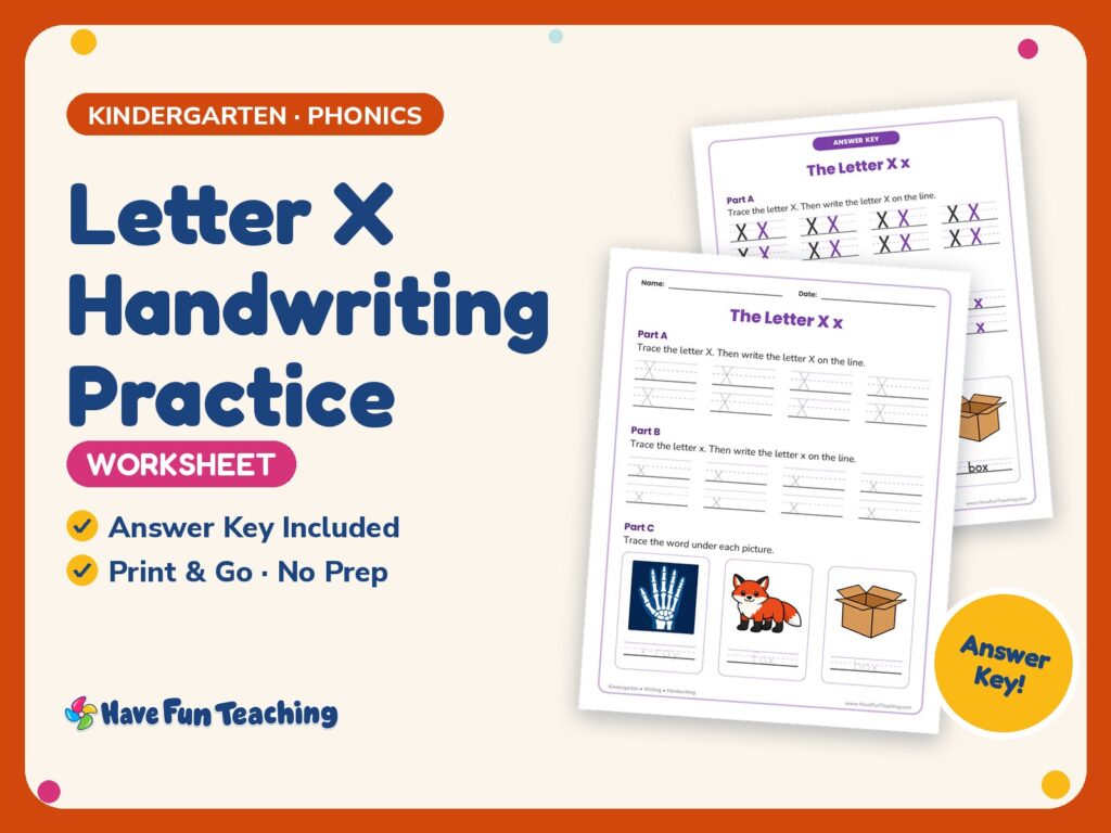 Letter X Handwriting Practice Worksheet – Kindergarten Alphabet by ...