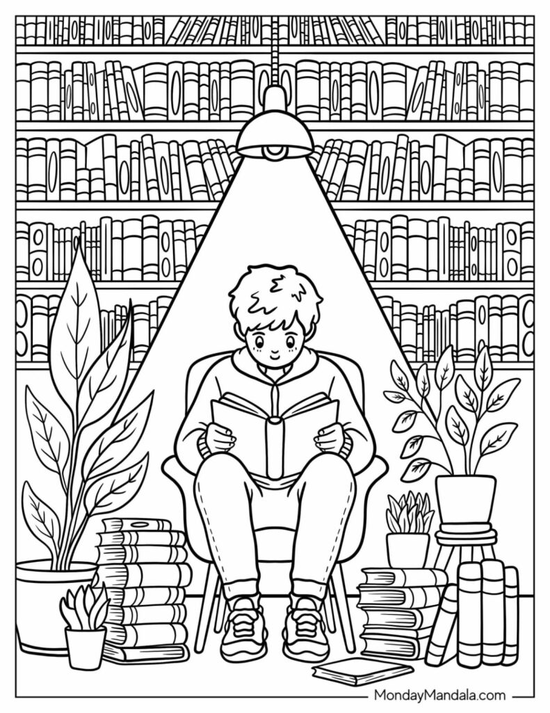 A child reading a book in a cozy library setting, surrounded by bookshelves and plants