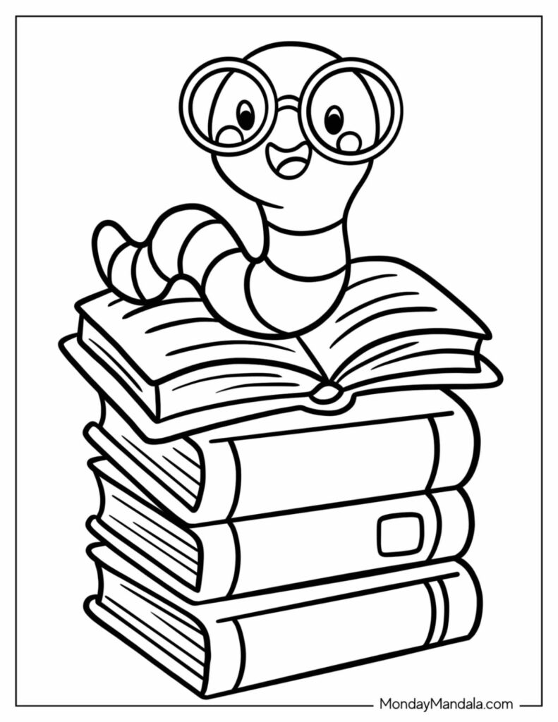 A cheerful bookworm wearing glasses sitting on a stack of books, ready to be colored