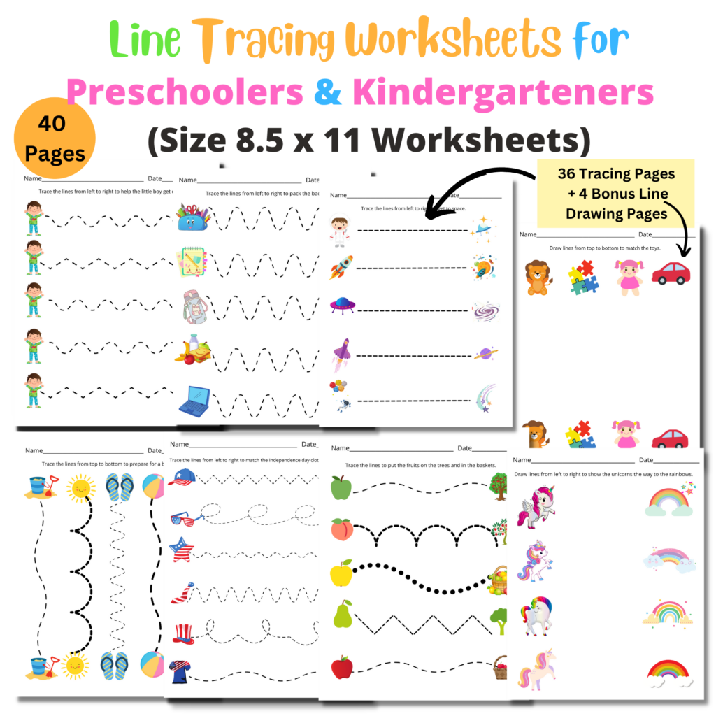 Free printable line tracing sheets for preschoolers featuring various fun designs and tracing activities