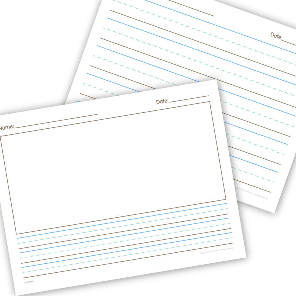 Lined writing paper template with sections for name and date, ideal for children's writing exercises