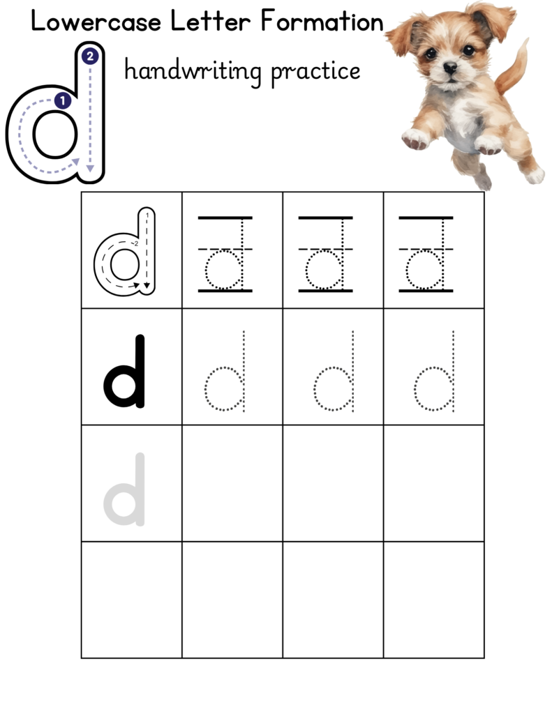 Printable lowercase letter tracing worksheet with a puppy illustration for handwriting practice