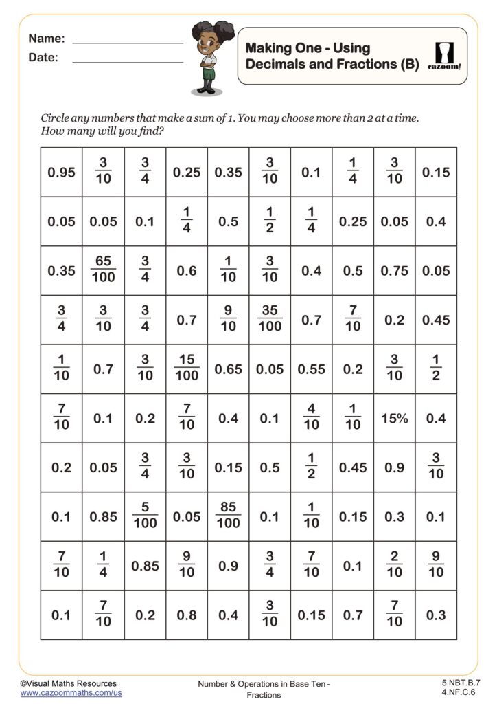 Worksheet for making one using decimals and fractions for 5th grade
