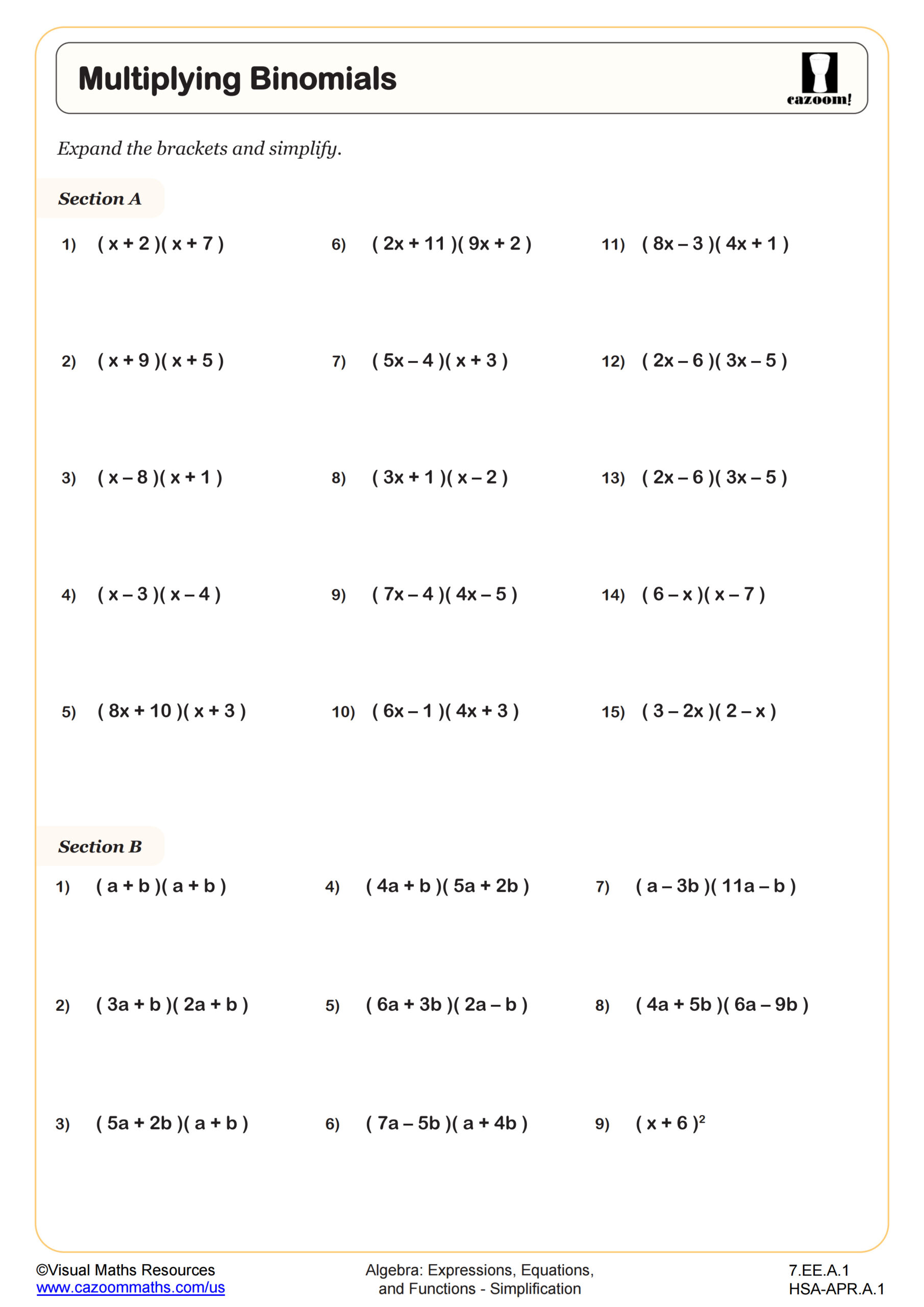 Free printable Math For 7th Graders Worksheets featuring multiplying binomials exercises