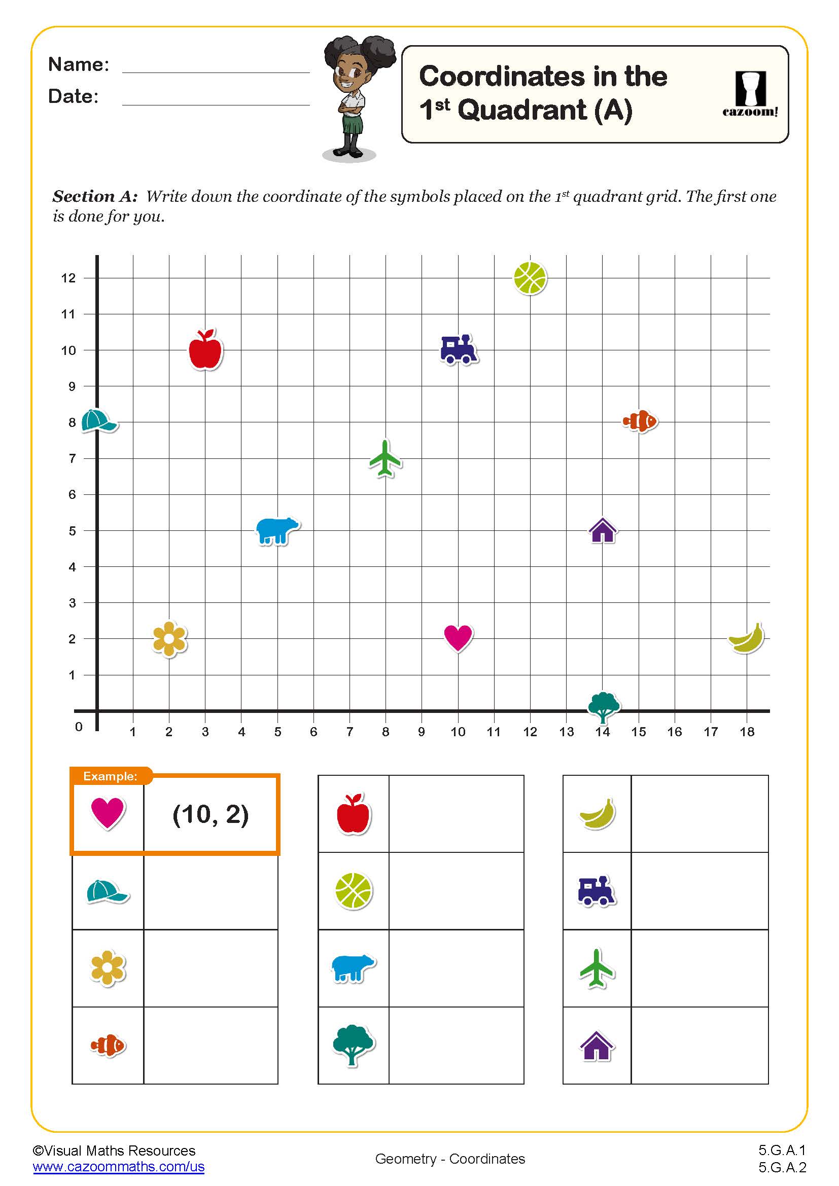 Free printable math homework for 5th graders featuring coordinates in the 1st quadrant