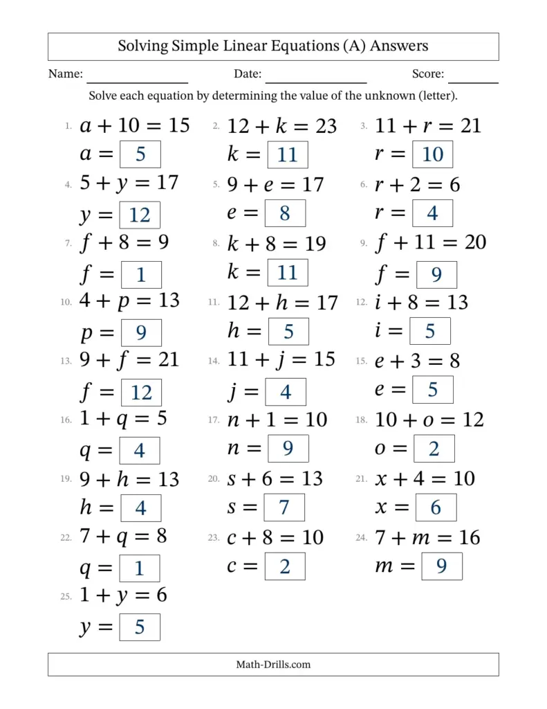 Printable worksheet featuring math problems for 12th graders focusing on solving simple linear equations