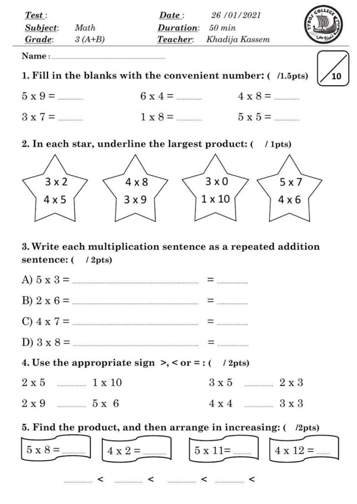 Math Quiz for Grade 3 worksheet - Worksheets Library